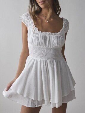 Urban Outfitters White Swiss-Dot Smocked Tiered Romper Size S